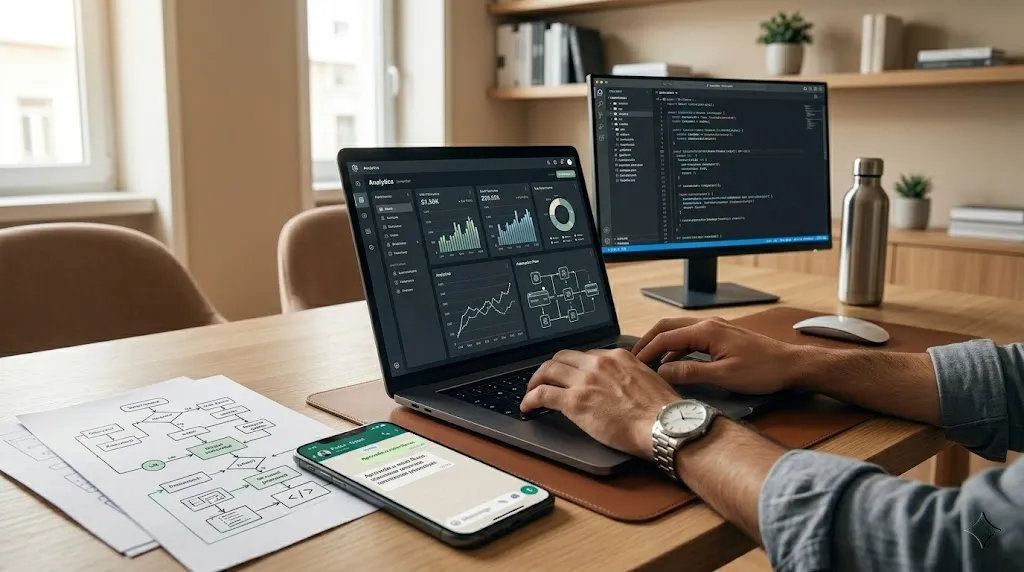 Workspace with laptop, monitor, phone, and process map for business automation.